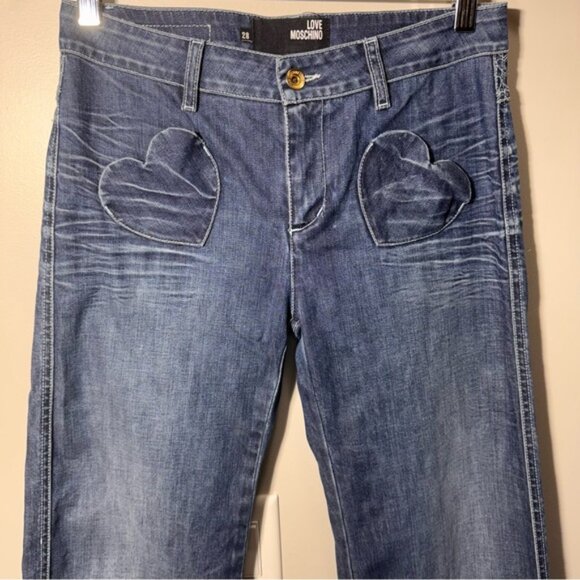 Love Moschino Blue Wide Leg Jeans Size 28 Hemmed Heart Pockets - Picture 2 of 12
